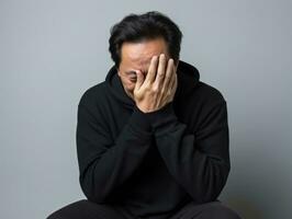 40 año antiguo asiático hombre en emocional actitud en blanco antecedentes ai generativo foto
