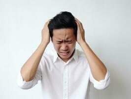 40 year old asian man in emotional pose on white background AI Generative photo