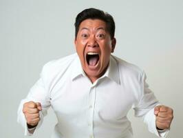 40 año antiguo asiático hombre en emocional actitud en blanco antecedentes ai generativo foto