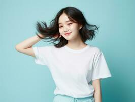 Asian woman in emotional dynamic pose on solid background AI Generative photo