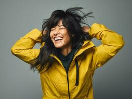 Asian woman in playful pose on solid background AI Generative photo
