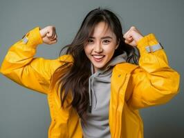 Asian woman in playful pose on solid background AI Generative photo