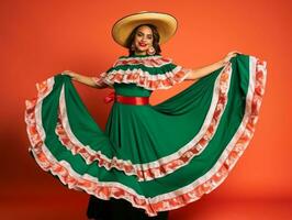 Mexican woman in emotional dynamic pose on solid background AI Generative photo