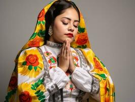 Mexican woman in emotional dynamic pose on solid background AI Generative photo