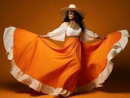 Mexican woman in emotional dynamic pose on solid background AI Generative photo