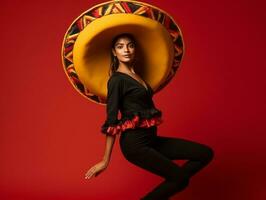 Mexican woman in emotional dynamic pose on solid background AI Generative photo