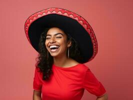 Mexican woman in emotional dynamic pose on solid background AI Generative photo