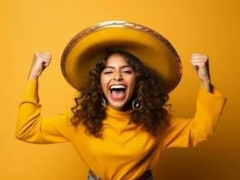 mexicano mujer en emocional dinámica actitud en sólido antecedentes ai generativo foto