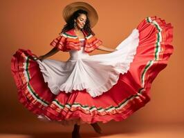 mexicano mujer en emocional dinámica actitud en sólido antecedentes ai generativo foto