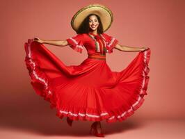 Mexican woman in emotional dynamic pose on solid background AI Generative photo