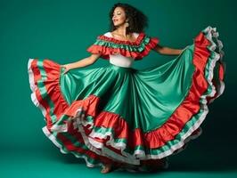 mexicano mujer en juguetón actitud en sólido antecedentes ai generativo foto