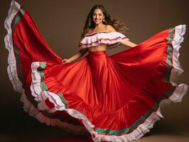 mexicano mujer en juguetón actitud en sólido antecedentes ai generativo foto