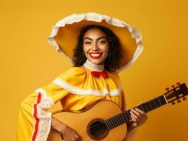 mexicano mujer en emocional dinámica actitud en sólido antecedentes ai generativo foto