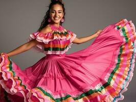 mexicano mujer en emocional dinámica actitud en sólido antecedentes ai generativo foto