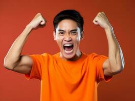 asiático hombre en emocional dinámica actitud en sólido antecedentes ai generativo foto