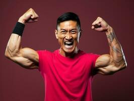 Asian man in emotional dynamic pose on solid background AI Generative photo