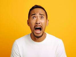 Asian man in emotional dynamic pose on solid background AI Generative photo
