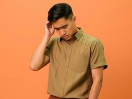 Asian man in emotional dynamic pose on solid background AI Generative photo
