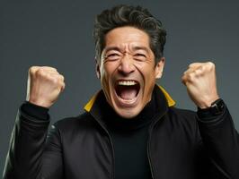 Asian man in emotional dynamic pose on solid background AI Generative photo