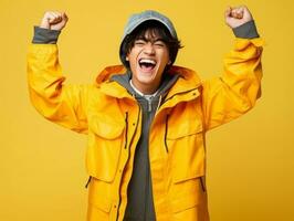 Asian man in emotional dynamic pose on solid background AI Generative photo