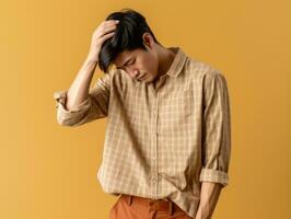 Asian man in emotional dynamic pose on solid background AI Generative photo