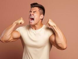 asiático hombre en emocional dinámica actitud en sólido antecedentes ai generativo foto