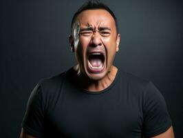 Asian man in emotional dynamic pose on solid background AI Generative photo
