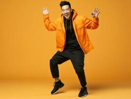 Asian man in emotional dynamic pose on solid background AI Generative photo
