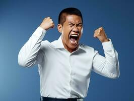 Asian man in emotional dynamic pose on solid background AI Generative photo