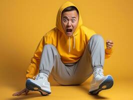 Asian man in emotional dynamic pose on solid background AI Generative photo