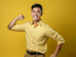 Asian man in emotional dynamic pose on solid background AI Generative photo