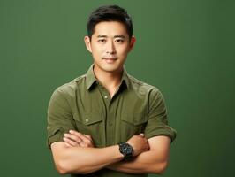 Asian man in emotional dynamic pose on solid background AI Generative photo