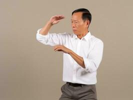 Asian man in emotional dynamic pose on solid background AI Generative photo