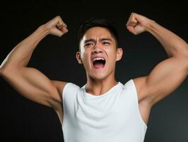 asiático hombre en emocional dinámica actitud en sólido antecedentes ai generativo foto