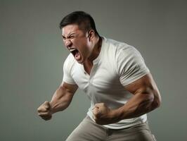 Asian man in emotional dynamic pose on white background AI Generative photo