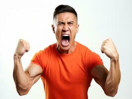 Asian man in emotional dynamic pose on white background AI Generative photo