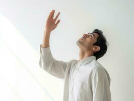 asiático hombre en emocional dinámica actitud en blanco antecedentes ai generativo foto