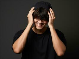 Asian man in playful pose on solid background AI Generative photo