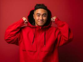 Asian man in playful pose on solid background AI Generative photo