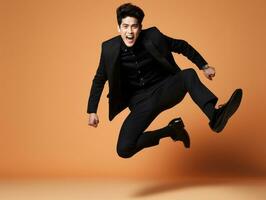 Asian man in playful pose on solid background AI Generative photo
