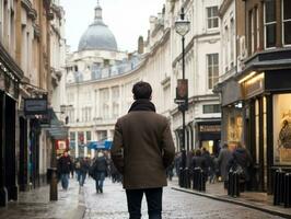 hombre disfruta un sin prisa paseo mediante el vibrante ciudad calles ai generativo foto