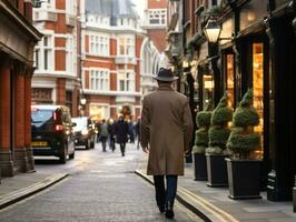 Man enjoys a leisurely stroll through the vibrant city streets AI Generative photo