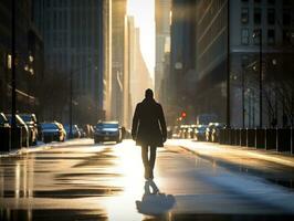 hombre disfruta un sin prisa paseo mediante el vibrante ciudad calles ai generativo foto
