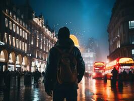 Man enjoys a leisurely stroll through the vibrant city streets AI Generative photo