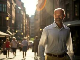 Man enjoys a leisurely stroll through the vibrant city streets AI Generative photo