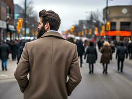 Man enjoys a leisurely stroll through the vibrant city streets AI Generative photo