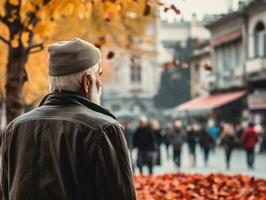 Man enjoys a leisurely stroll through the vibrant city streets AI Generative photo