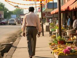 Man enjoys a leisurely stroll through the vibrant city streets AI Generative photo