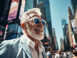 hombre disfruta un sin prisa paseo mediante el vibrante ciudad calles ai generativo foto