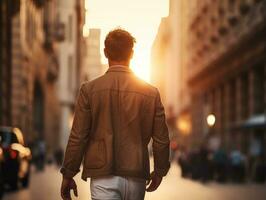 Man enjoys a leisurely stroll through the vibrant city streets AI Generative photo